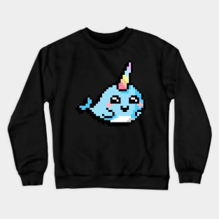 Pixel Art Cartoon Narwhal with Rainbow Pastel Horn Crewneck Sweatshirt